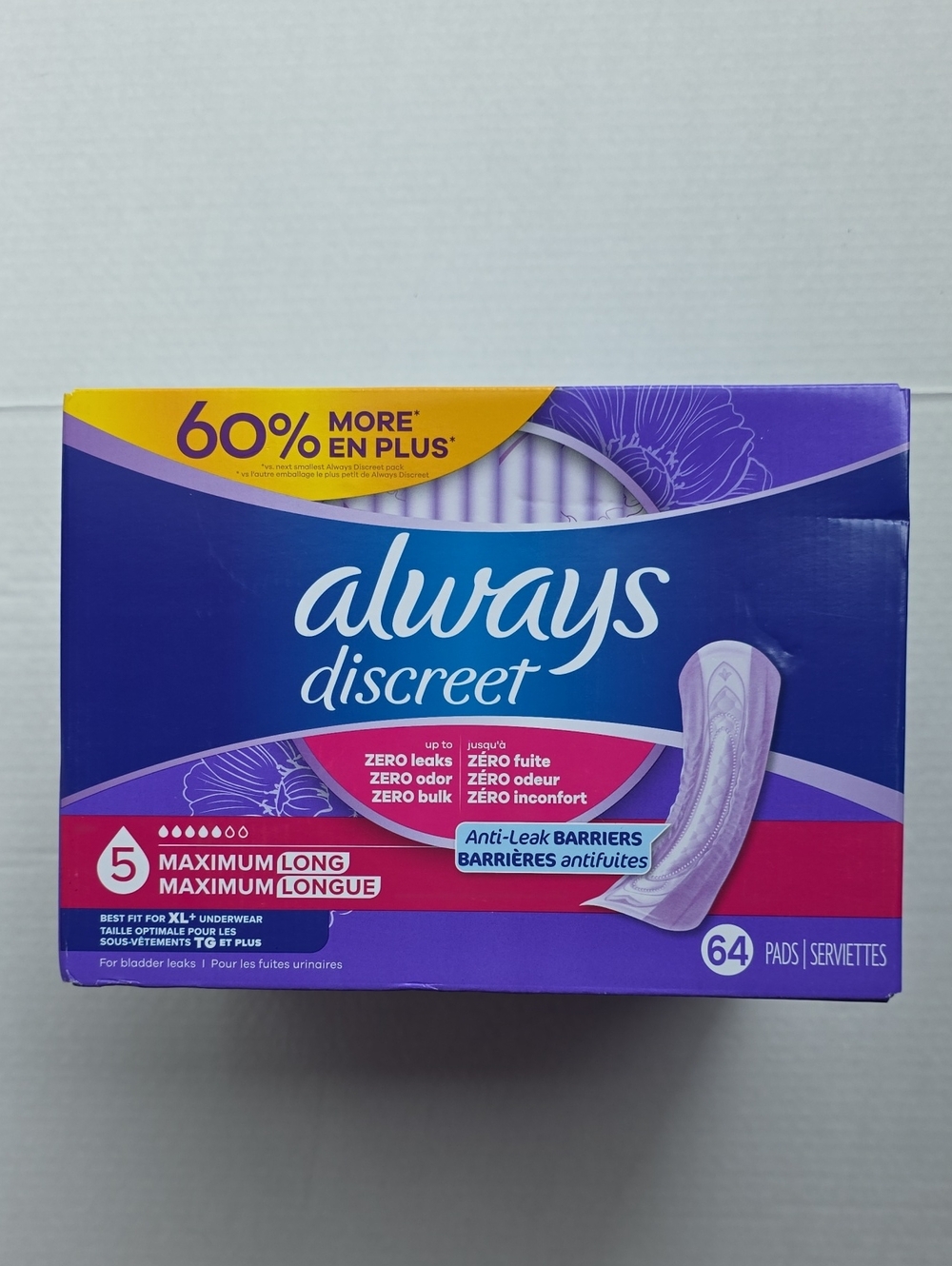 Always Discreet Adult Pads, 5 Drop Long Length 64ct